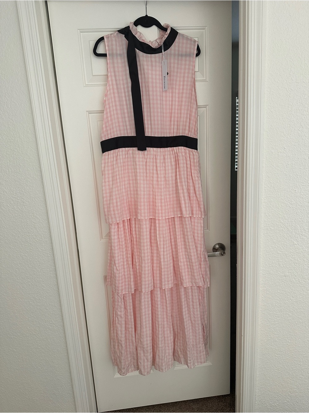 Sleeveless Pink Gingham Maxi Dress with Black Trim